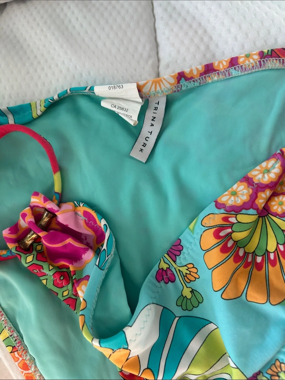 Trina Turk Turquoise Floral Halter Tankini Top with Orange and Pink Accents - Picture 4 of 8
